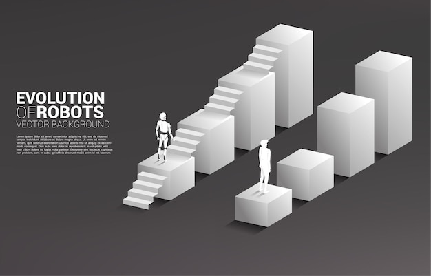 El hombre de negocios y el robot avanzan en el gráfico de crecimiento y el único robot con la escalera. Concepto de negocio para aprendizaje automático e inteligencia artificial de inteligencia artificial. Humano contra robot.