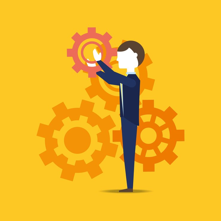 Vector hombre de negocios con las ruedas de engranaje sobre fondo amarillo, diseño colorido. ilustración vectorial