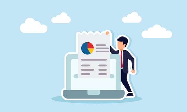 Hombre de negocios sacando papel con datos y gráfico circular de la pantalla de la computadora portátil ilustración que representa el sistema de registro digital