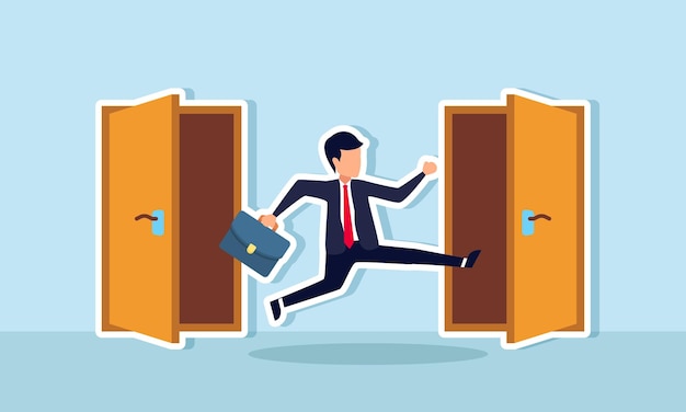 Un hombre de negocios sale por una puerta y tiene la intención de entrar en otra ilustración de cambiar a otro campo de negocios
