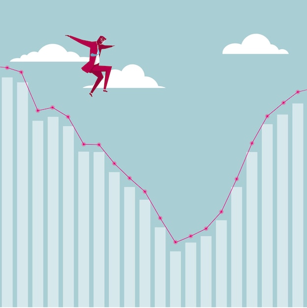 El hombre de negocios salta del gráfico. El fondo es azul.