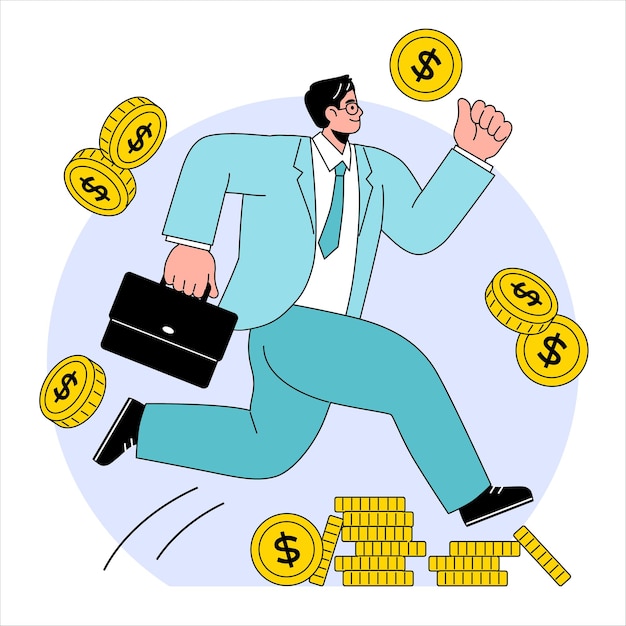 Hombre de negocios saltando con monedas de fondo