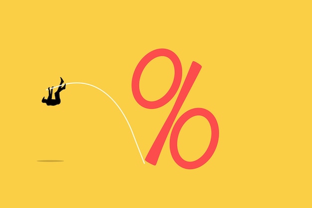 Hombre de negocios salto con pértiga en el concepto de signo de porcentaje del concepto de crecimiento del dinero
