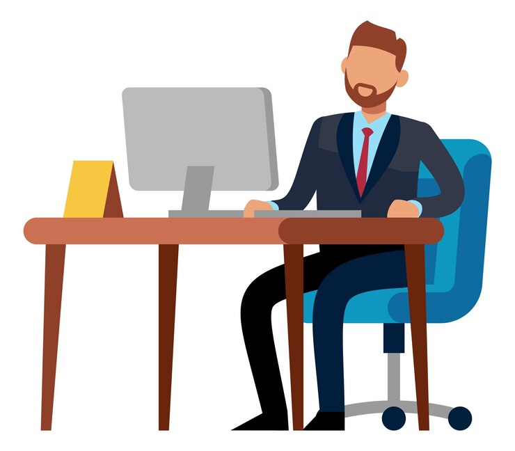 Vector hombre de negocios sentado en el escritorio. hombre trabajando en computadora