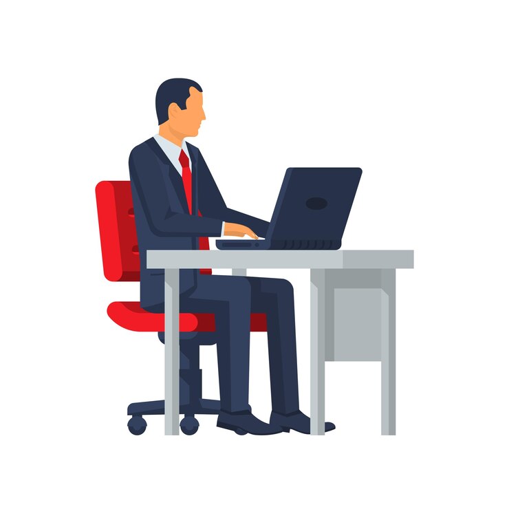 Vector hombre de negocios sentado en el escritorio trabajando en la computadora portátil diseño plano de ilustración vectorial aislado sobre fondo blanco trabajador de oficina papeleo de trabajo computadora en la mesa
