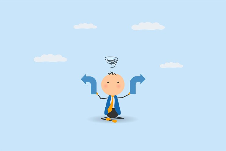 Vector el hombre de negocios sentado en forma de stickman está pensando y confundido para tomar la decisión y la solución correctas