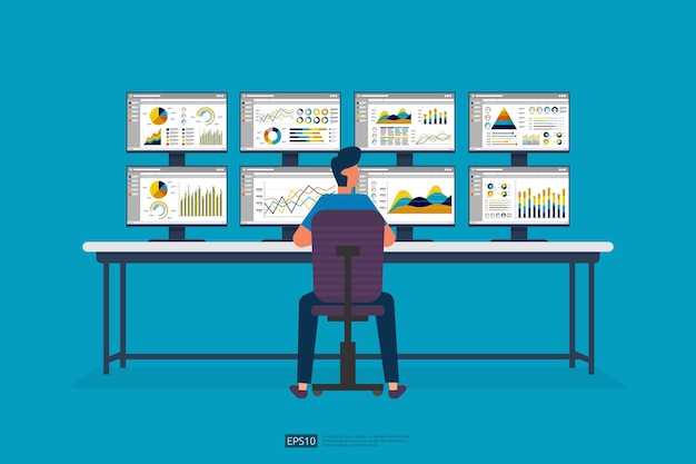 hombre de negocios sentado y monitoreando el mercado de valores en la pantalla Gráfico de información de la base de datos de PC en la sala del centro de datos informe de análisis estadísticas sitio web de inversión monitor SEO en la mesa
