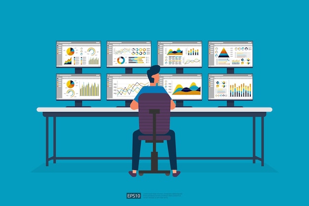 hombre de negocios sentado y monitoreando el mercado de valores en la pantalla Gráfico de información de la base de datos de PC en la sala del centro de datos informe de análisis estadísticas sitio web de inversión monitor SEO en la mesa