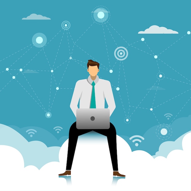 Hombre de negocios sentado en las nubes en el cielo usando la computadora portátil.