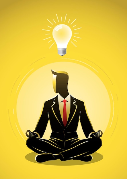 Un hombre de negocios sentado en posición de loto, meditación y una idea de bombilla sobre la ilustración del concepto