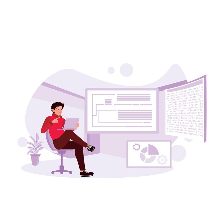 Vector hombre de negocios sentado relajado en una silla sosteniendo una computadora portátil para desarrollar código html en la pantalla de la computadora portátil