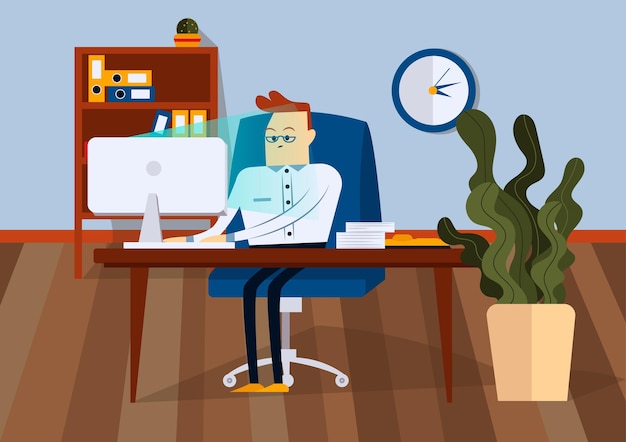 Hombre de negocios sentado en la silla de oficina en un escritorio de computadora. Él está mirando el monitor de la computadora. Vista frontal. Ilustración de dibujos animados de vector de color