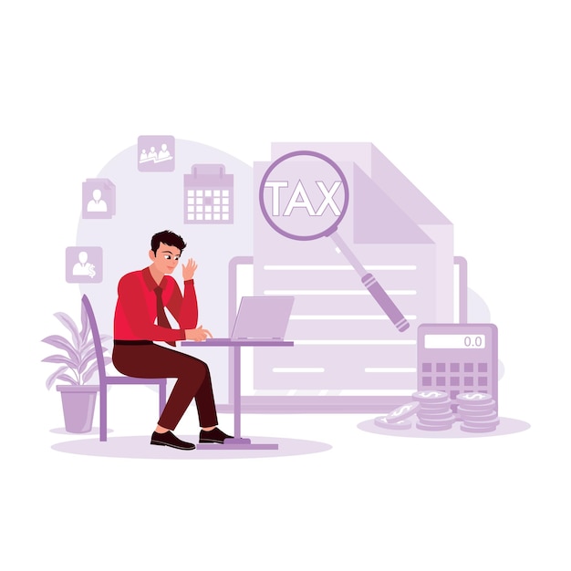 Hombre de negocios sentado y trabajando usando una computadora portátil que llena el formulario de devolución en línea del impuesto sobre la renta