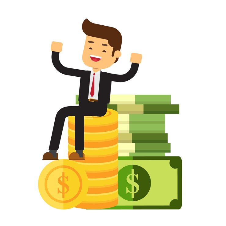Vector el hombre de negocios se sienta encima de la pila grande de los bitcoins