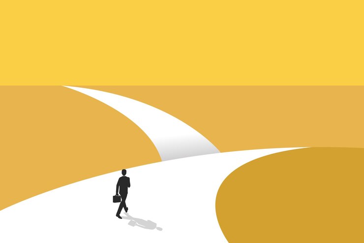 Vector el hombre de negocios sigue un camino para las oportunidades de negocio. liderazgo visionario. diferentes rutas de negocios. símbolo de ambición, motivación y largo camino por delante.