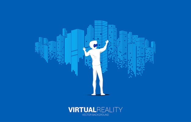 El hombre de negocios de silueta usa gafas vr con luz panorámica de la ciudad concepto de realidad virtual digital