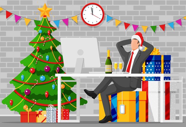 Hombre de negocios con sombrero de Papá Noel sentado en una pila de regalos Hombre y cajas de regalo de Navidad Decoración de feliz año nuevo Feliz Navidad Vacaciones Año nuevo y celebración de Navidad Ilustración de Vector plano