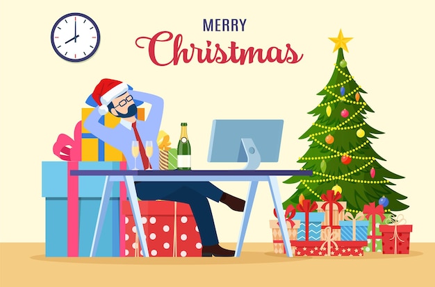 Hombre de negocios con sombrero de Santa Claus sentado en la pila de regalos. Cajas de regalo de Navidad y hombre. Feliz año nuevo decoración. Feliz Navidad. Ilustración de vector de estilo plano