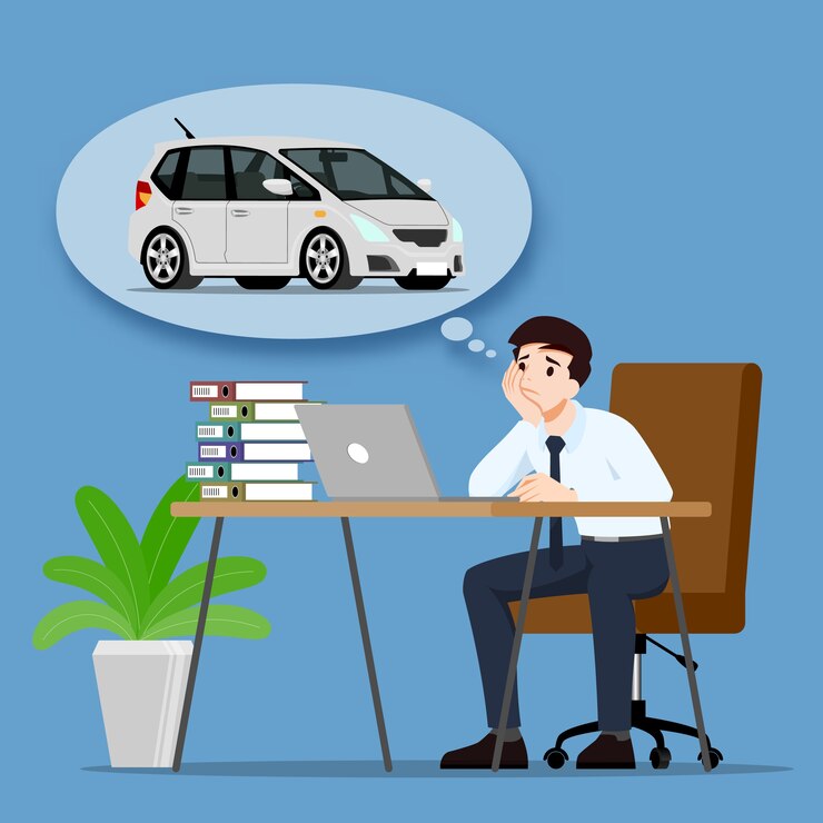 Vector hombre de negocios soñando con comprar un nuevo y hermoso coche moderno.