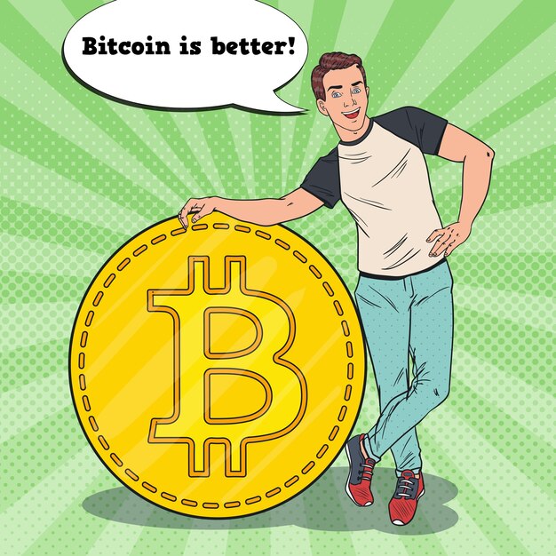 Hombre de negocios sonriente del arte pop con bitcoin grande