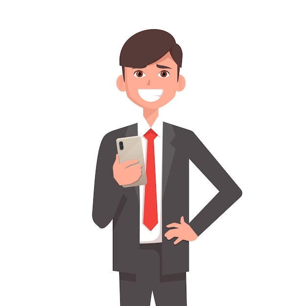 Hombre de negocios sonriente feliz tiene smartphone en la ilustración de la mano