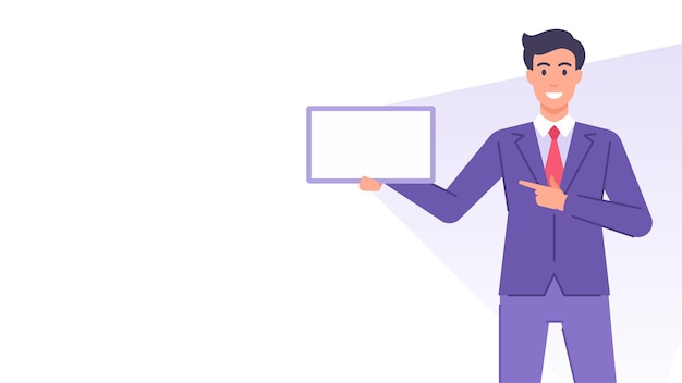 Un hombre de negocios sonriente mostrando un tablero en blanco con información importante, una plantilla de diseño de banner, un vector plano.