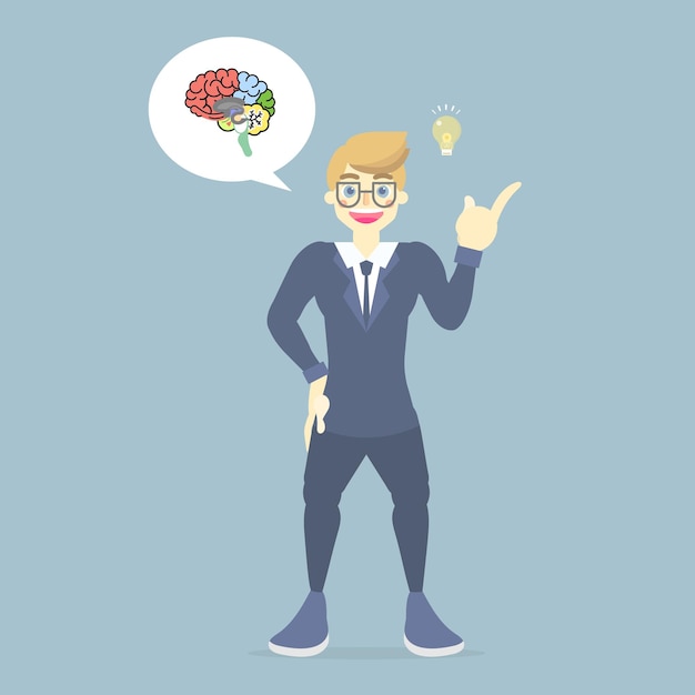 hombre de negocios sonriente con traje que tiene una idea de inspiración creativa