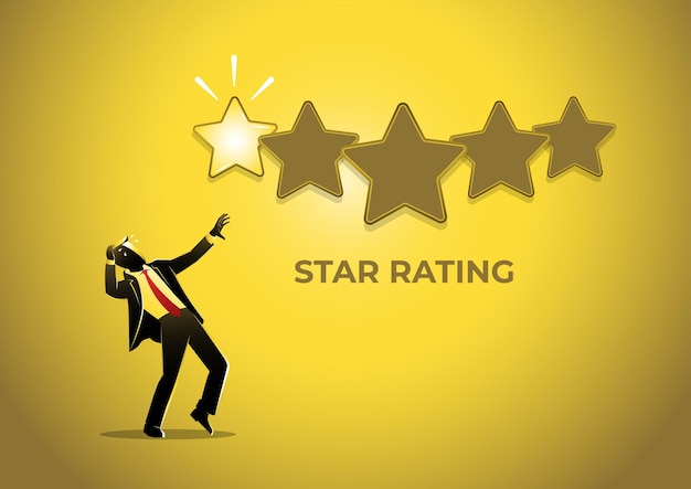 Un hombre de negocios se sorprende y se siente descontento con la calificación de una estrella. Concepto de servicio al cliente