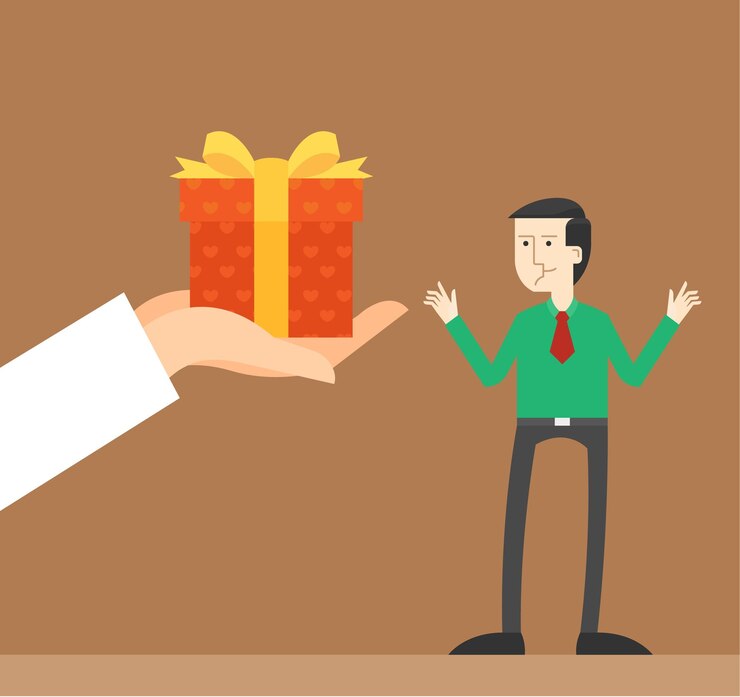 Vector hombre de negocios sorprendido que recibe la felicitación del premio del premio del regalo