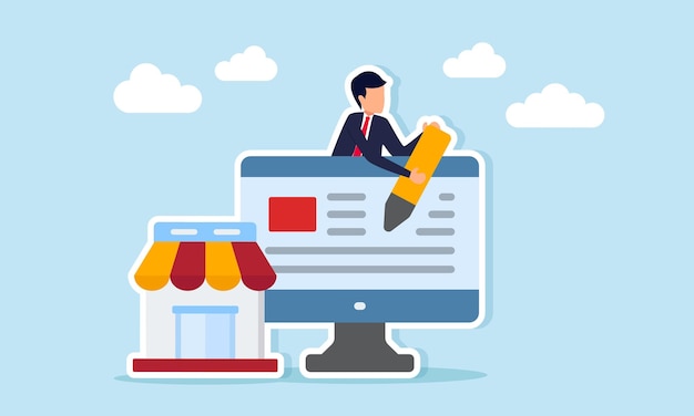 Hombre de negocios sosteniendo un bolígrafo que emerge de detrás de un monitor al lado de una ilustración de una tienda de diseño de una página de aterrizaje de sitio web para negocios