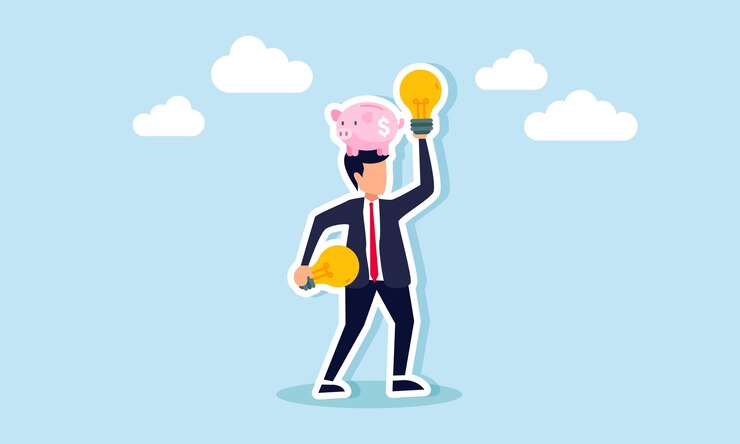 Vector un hombre de negocios sosteniendo una lámpara con una alcancía por encima de su cabeza ilustración de la importancia de aplicar ideas e innovaciones para aumentar la inversión empresarial