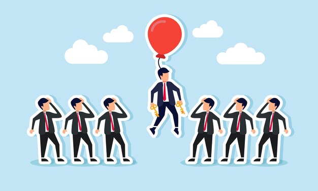 Un hombre de negocios sosteniendo una llave unida a un globo volador observado por un colega o competidor ilustración de cambiar de la competencia a la colaboración empresarial con soluciones