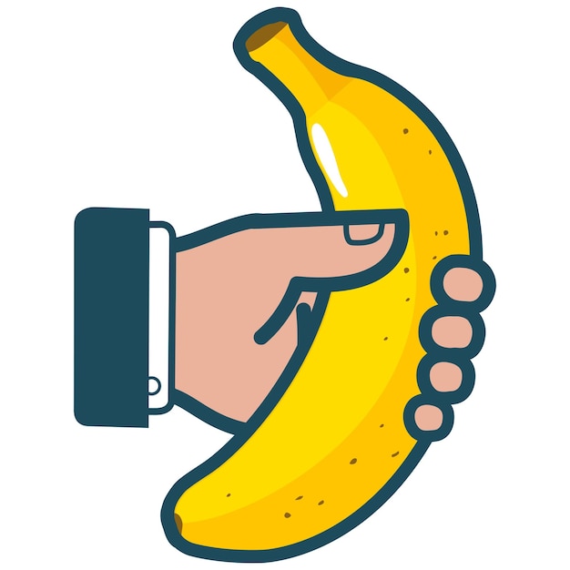 Hombre de negocios sosteniendo un plátano La mano de un hombre de negocios comiendo un banano Icono de ilustración vectorial