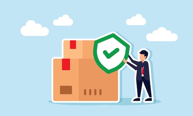 Un hombre de negocios sostiene un escudo con una marca de comprobación al lado de una pila de cajas ilustración de negocios en el sector de seguros de carga y logística