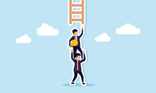 Un hombre de negocios sostiene una lámpara recibe ayuda para subir una escalera de su socio por el paso en su espalda ilustración de apoyo de socio de negocios para ganar ideas para mejorar el rendimiento