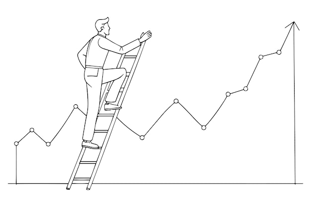 Un hombre de negocios sube una escalera para llegar a una gráfica que simboliza la ambición
