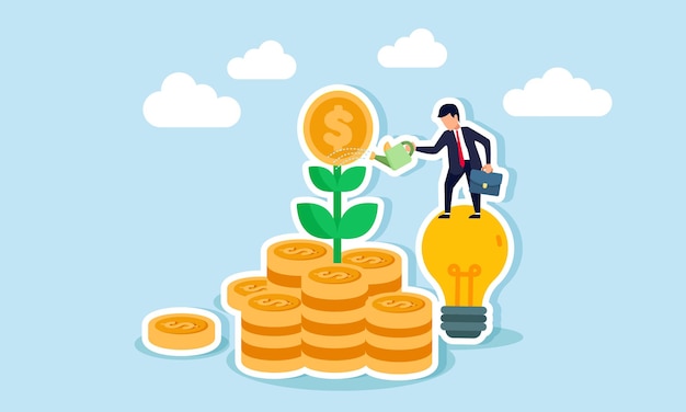 Un hombre de negocios sube a una lámpara regando plantas que crecen de una pila de monedas de un dólar ilustración de usar ideas para aumentar los ingresos y las ventas del negocio