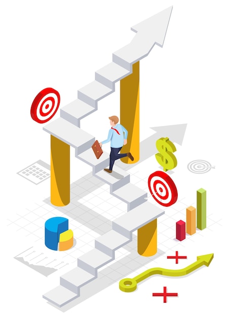 Hombre de negocios subiendo escaleras al objetivo de negocio vector ilustración isométrica pasos a la ruta de la meta t...