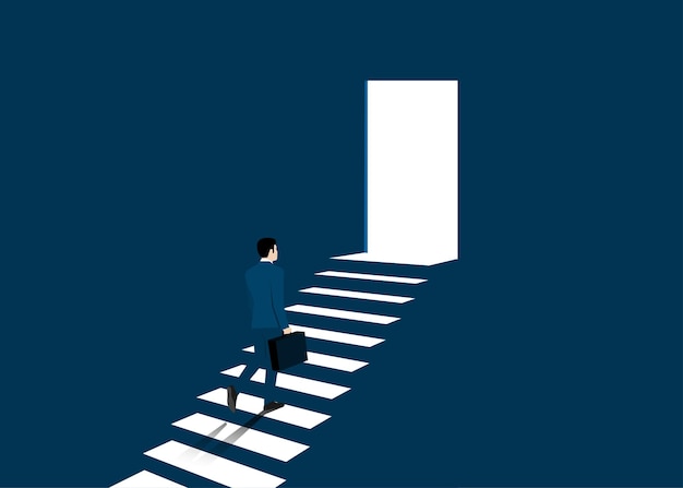 Hombre de negocios subiendo las escaleras hacia el éxito y el logro de objetivos. Concepto de inicio de negocios. Éxito, carrera, logro, ilustración vectorial plana
