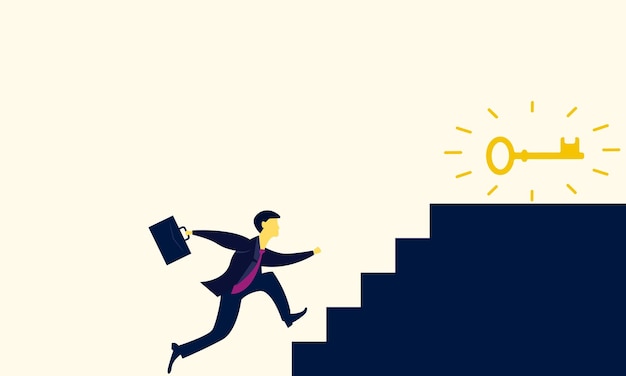 El hombre de negocios subiendo escaleras para llegar a las llaves simboliza el logro de metas esfuerzo de lucha y duro