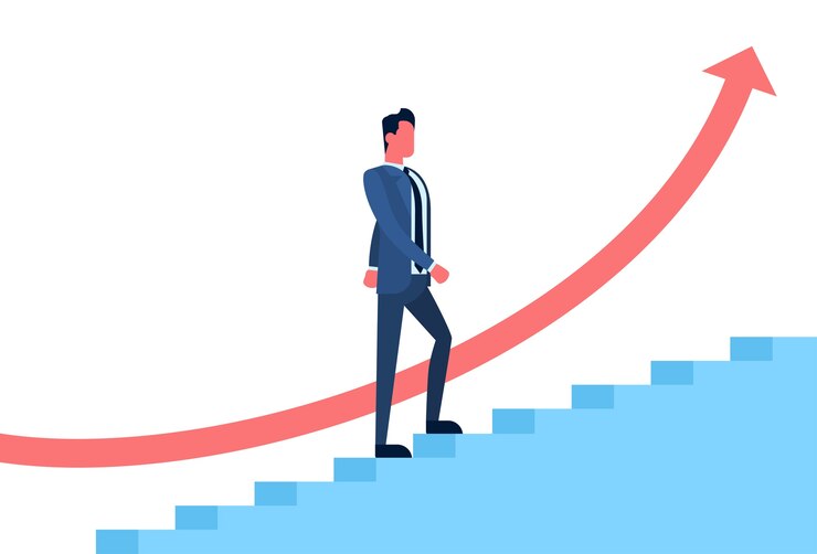 Vector hombre de negocios subir escaleras símbolo de éxito financiero flecha roja