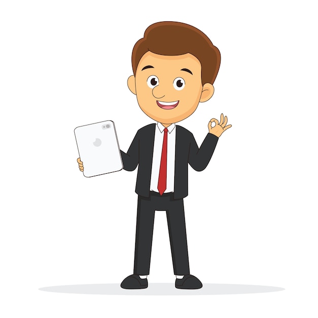 Hombre de negocios con tableta gesticulando bien y guiñando un ojo