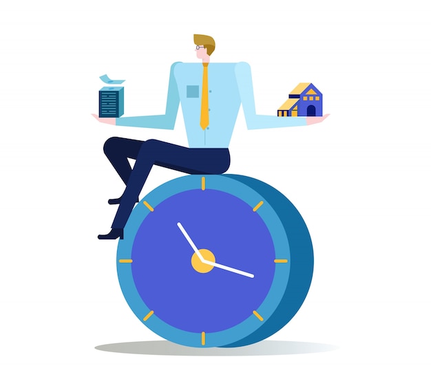 Hombre de negocios tiempo de equilibrio para ganar dinero y tiempo para la familia. Concepto de trabajo abstracto.