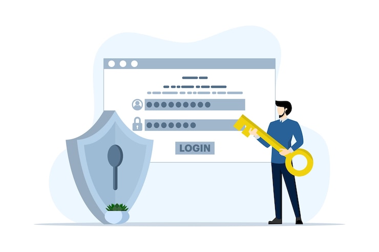 Vector el hombre de negocios tiene la llave para acceder a un sistema de seguridad que protege los datos de la cuenta de usuario y las contraseñas.