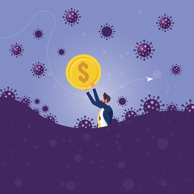 El hombre de negocios tiene un signo de dólar, la moneda, el miedo al pánico por el nuevo coronavirus y trata de proteger el dinero de la crisis del coronavirus