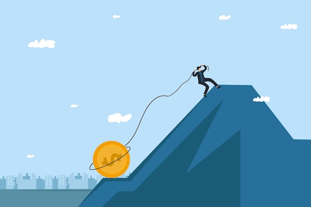 hombre de negocios tirando monedas por la montaña con una cuerda surgen de la crisis financiera