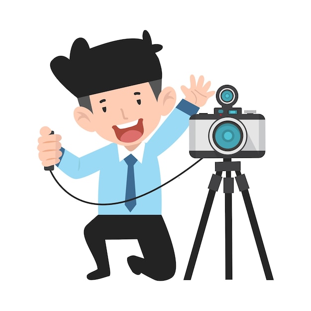 hombre de negocios, toma de fotografías, cámara, con, trípode, caricatura