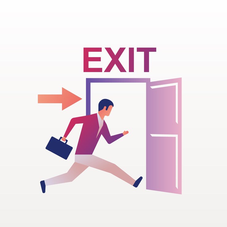 Vector el hombre de negocios se topa con la puerta abierta. salida del símbolo. el humano está huyendo del trabajo. canto de evacuación. diseño plano de ilustración vectorial. aislado sobre fondo blanco. salida de emergencia.