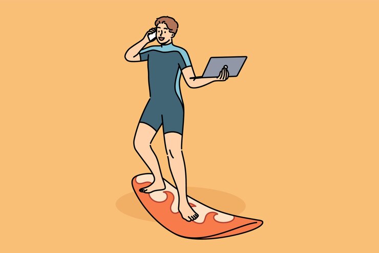 Vector hombre de negocios trabaja de pie en una tabla de surf con una computadora portátil y un teléfono móvil en las manos