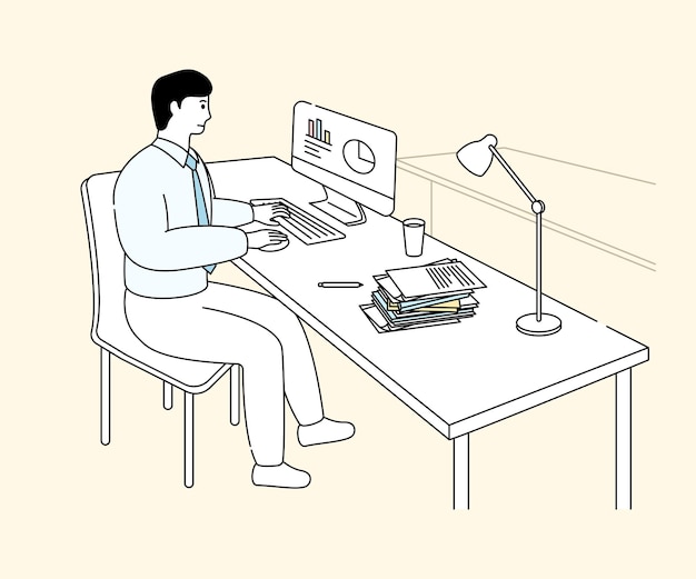 hombre de negocios trabajador ilustración conjunto escritorio montón gráfico lámpara de escritorio Dibujo vectorial Dibujo a mano